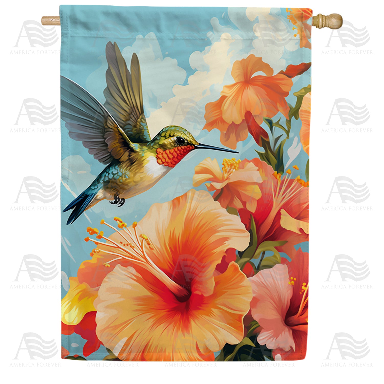 Hummingbird Amongst Hibiscus House Flag