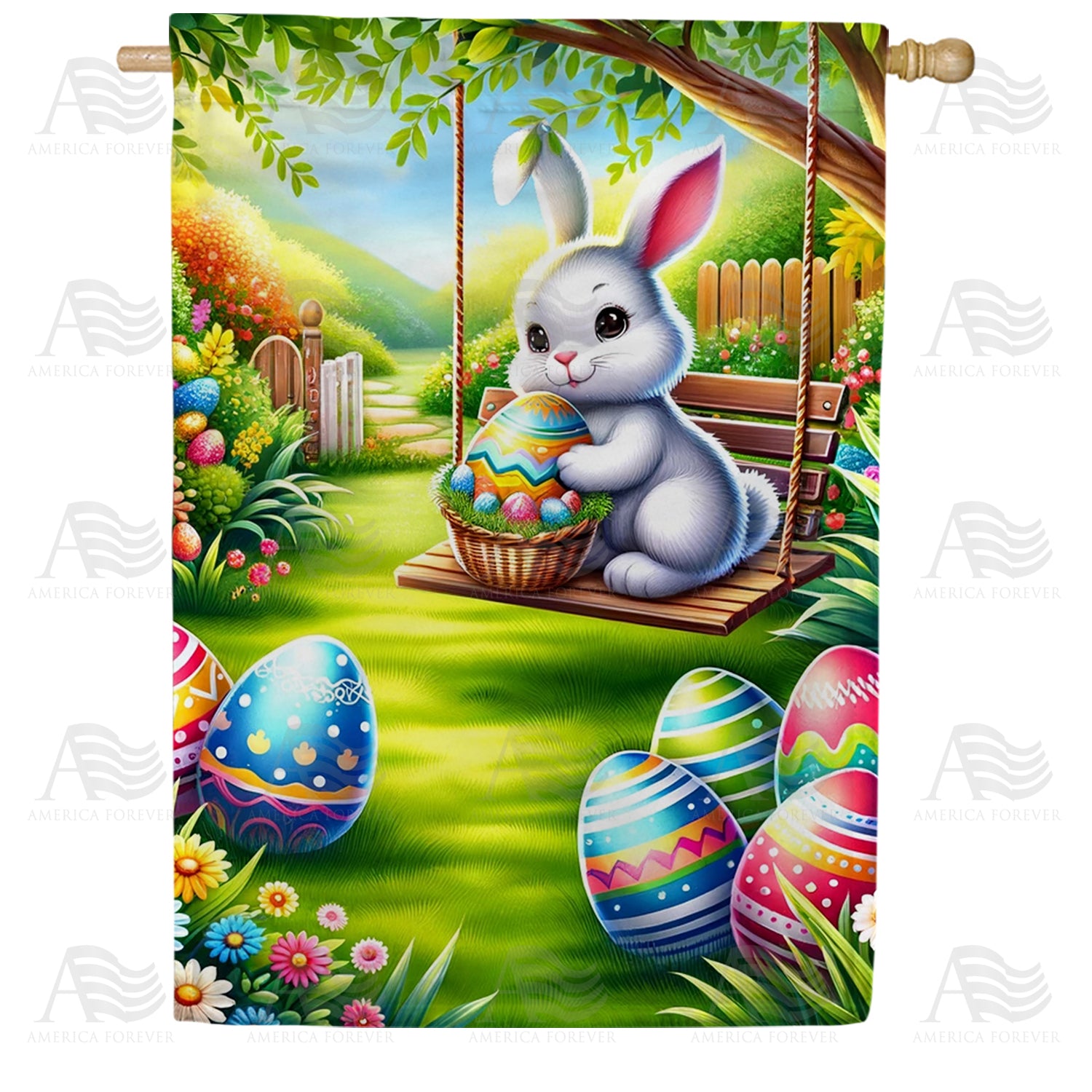 Bunny on Swing with Easter Eggs House Flag