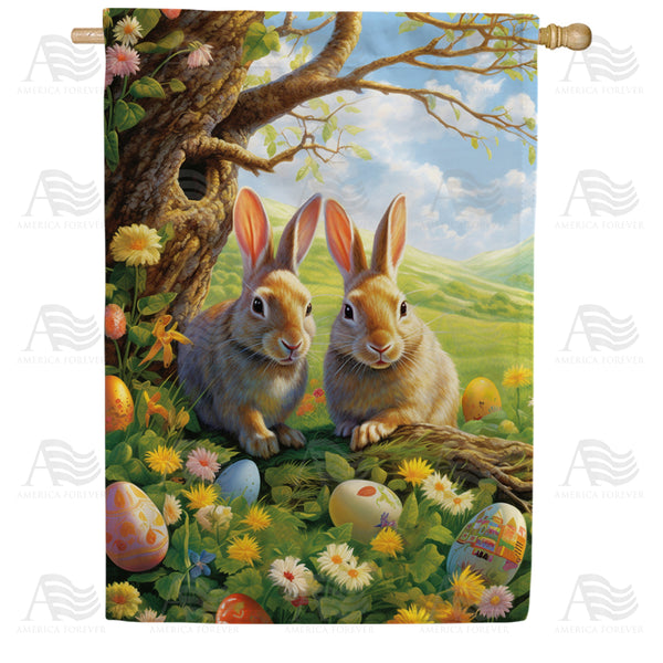 Twin Bunnies with Easter Eggs House Flag