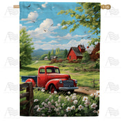Vintage Red Truck in Countryside House Flag