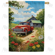 Red Pickup in Rural Bliss House Flag