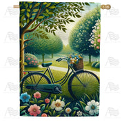 Springtime Bicycle and Blooming Garden House Flag
