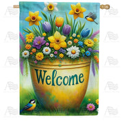 Springtime Welcome Flower Pot House Flag