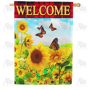 Sunflower Welcome Red Plaid House Flag
