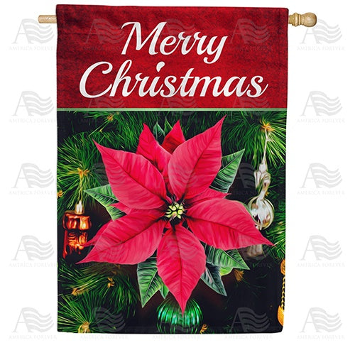 Merry Christmas Poinsettia And Ornaments House Flag