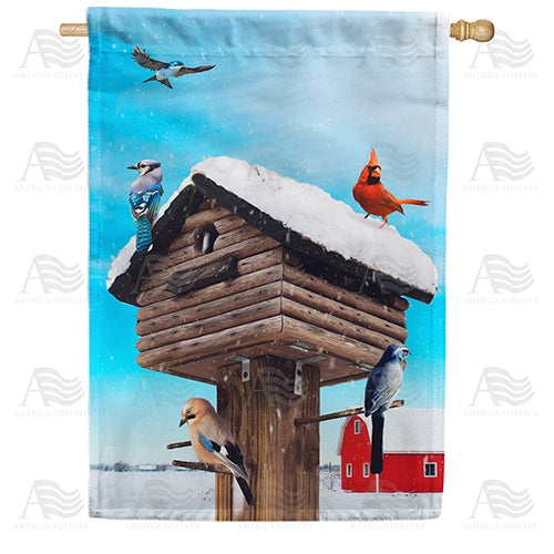 Birds Gather At Winter Home House Flag