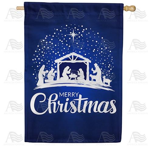 Blue Christmas Manger House Flag