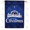 Blue Christmas Manger House Flag