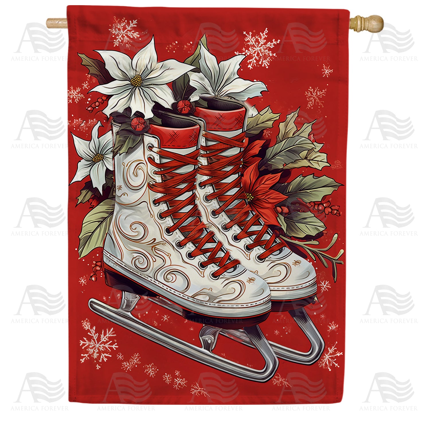 Winter Holly Skates House Flag