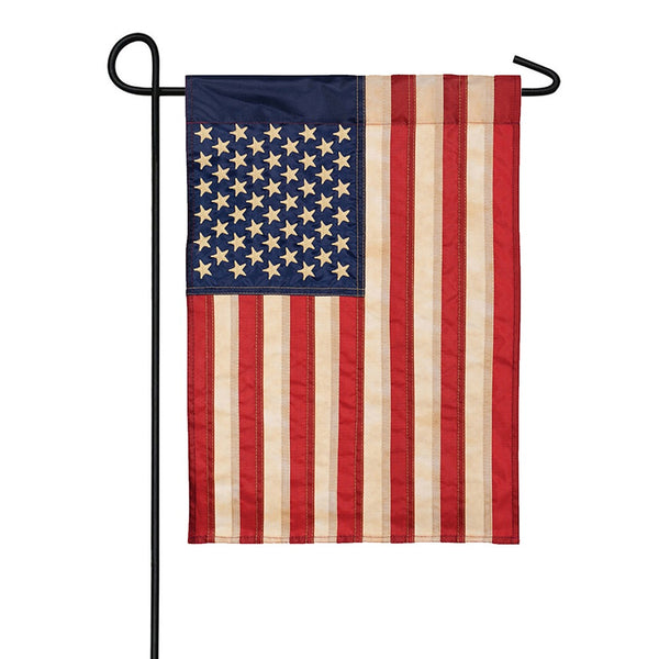 Tea Stained American Flag Applique Garden Flag