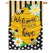 Evergreen Burlap House Flag - Welcome to Our Hive Stripes and Dots