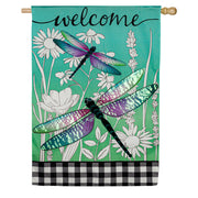 Evergreen Linen House Flag - Dragonflies and Wildflowers