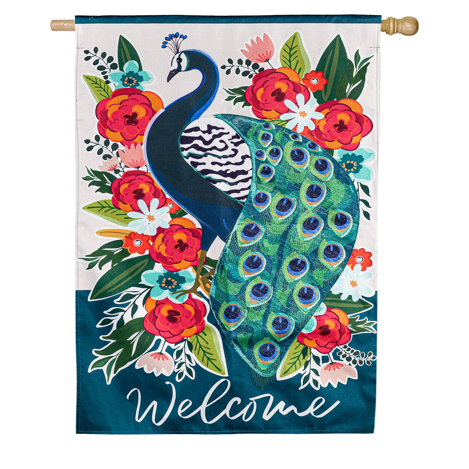 Evergreen Linen House Flag - Floral Peacock