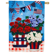 Evergreen Linen House Flag - Patriotic Flower Pot