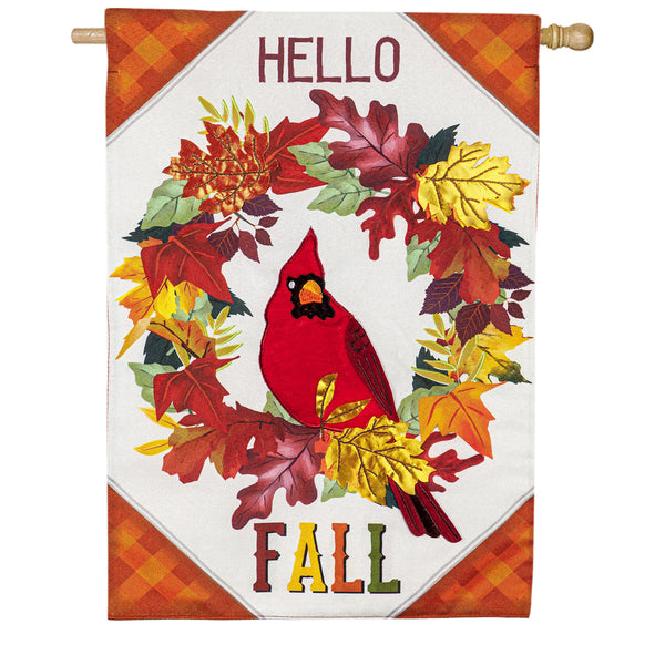 Evergreen Linen House Flag - Hello Fall Cardinal Wreath