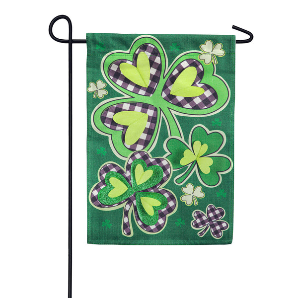 Evergreen Shamrocks with Checks Burlap Garden Flag