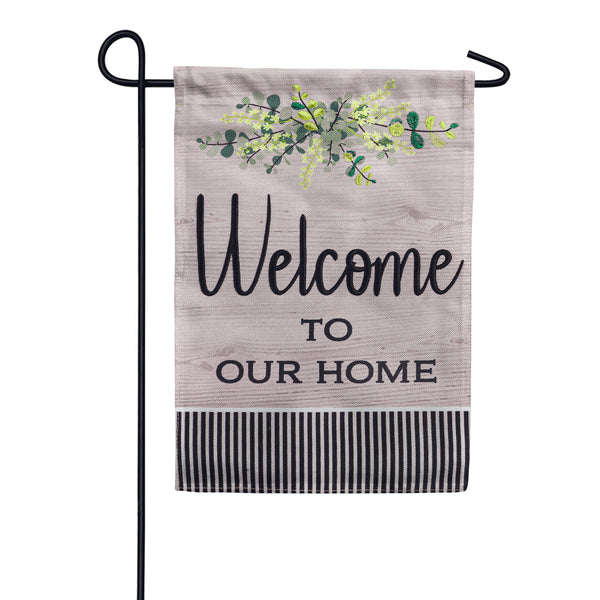 Evergreen Wood Grain Welcome Burlap Garden Flag