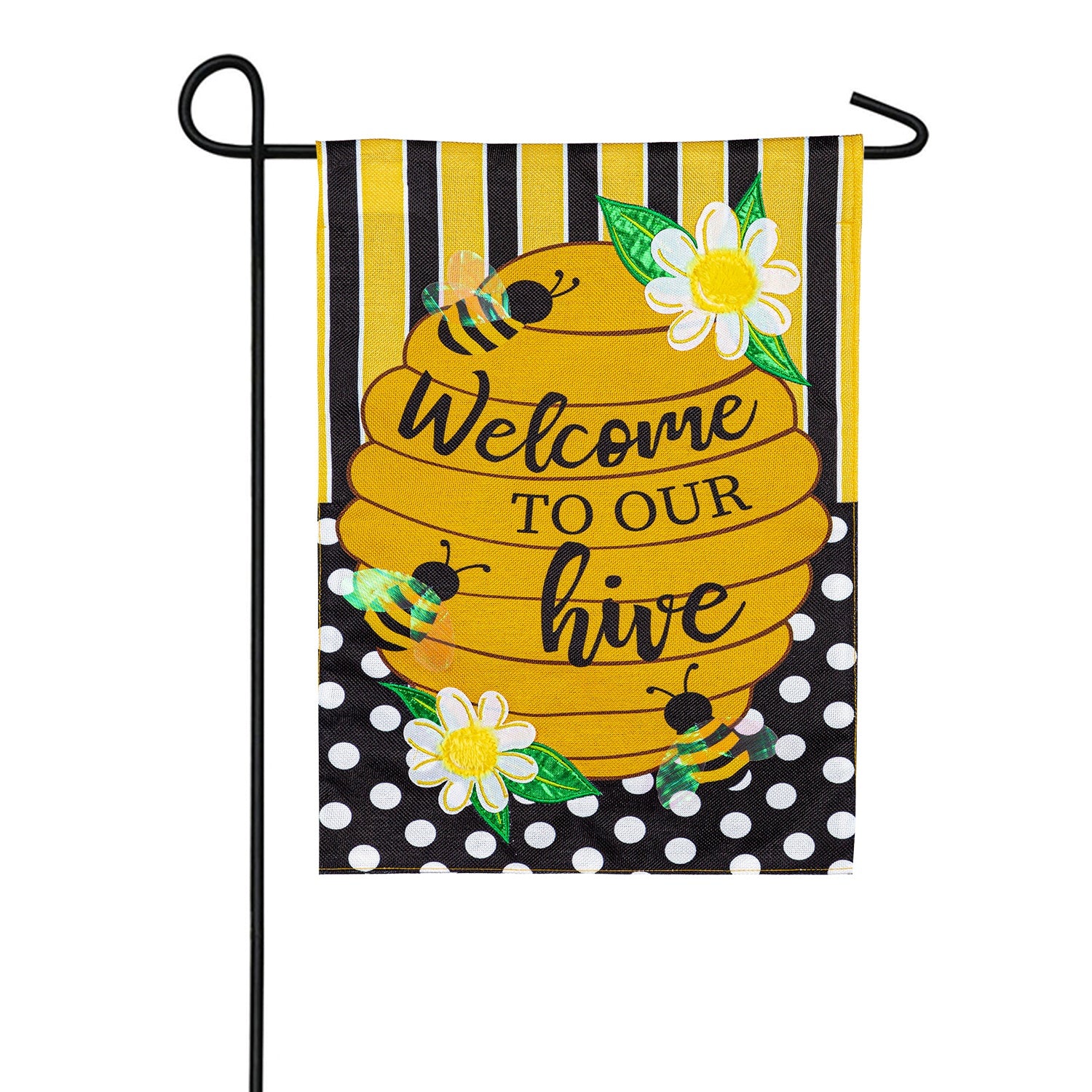 Evergreen Burlap Garden Flag - Welcome to Our Hive Stripes and Dots