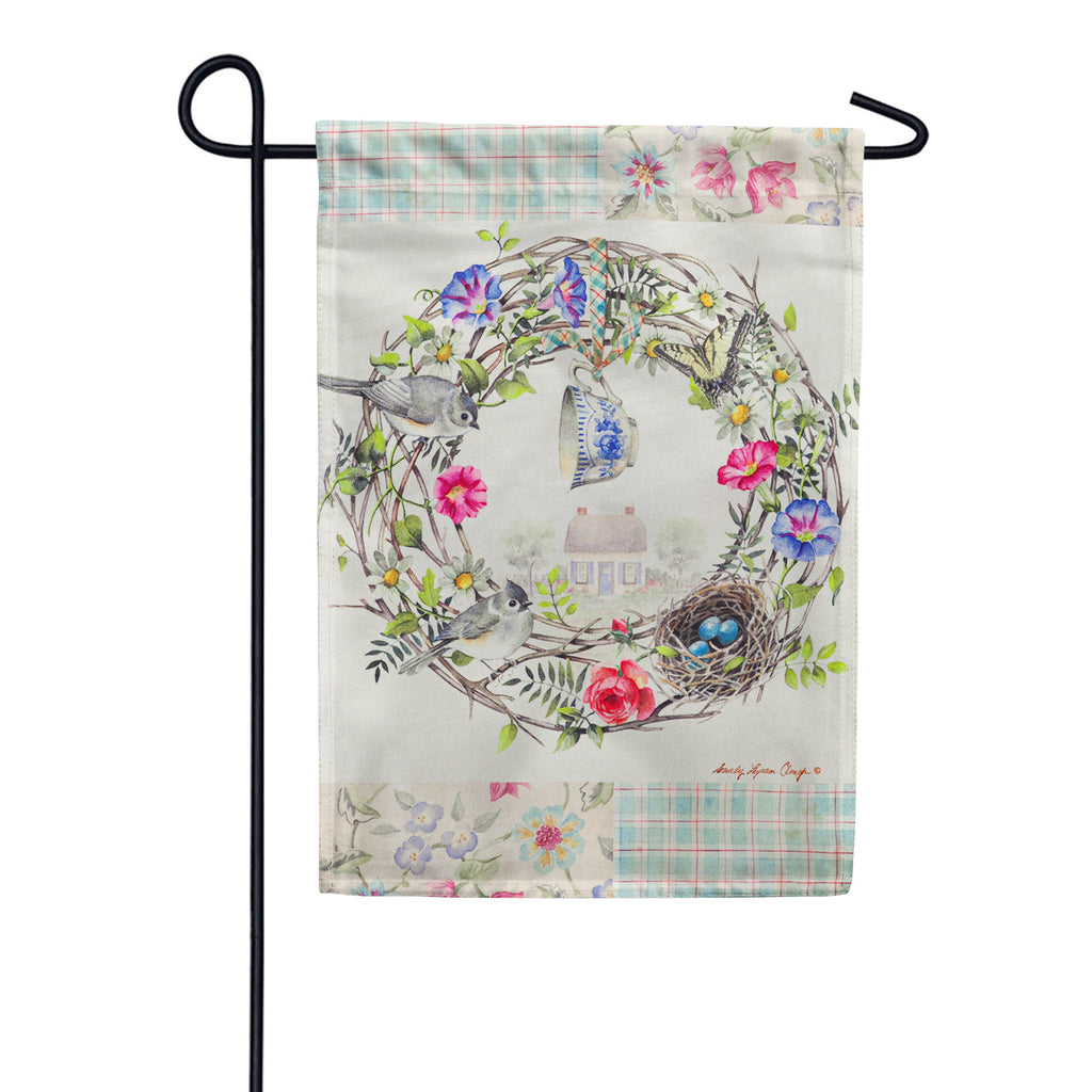 Evergreen Cottage Wreath Linen Garden Flag