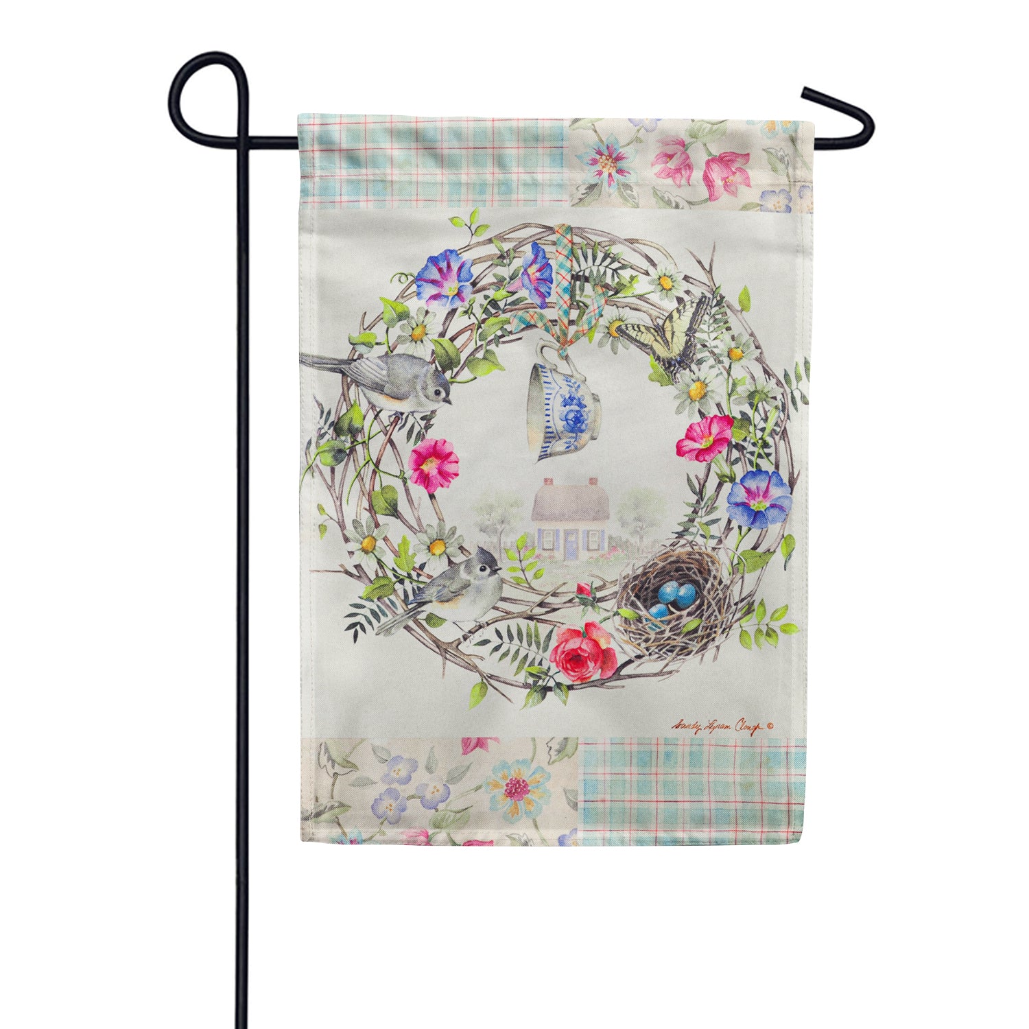 Evergreen Cottage Wreath Linen Garden Flag