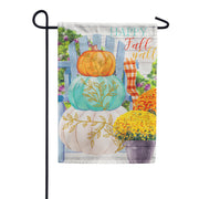 Evergreen Linen Garden Flag - Happy Fall Stacked Pumpkins