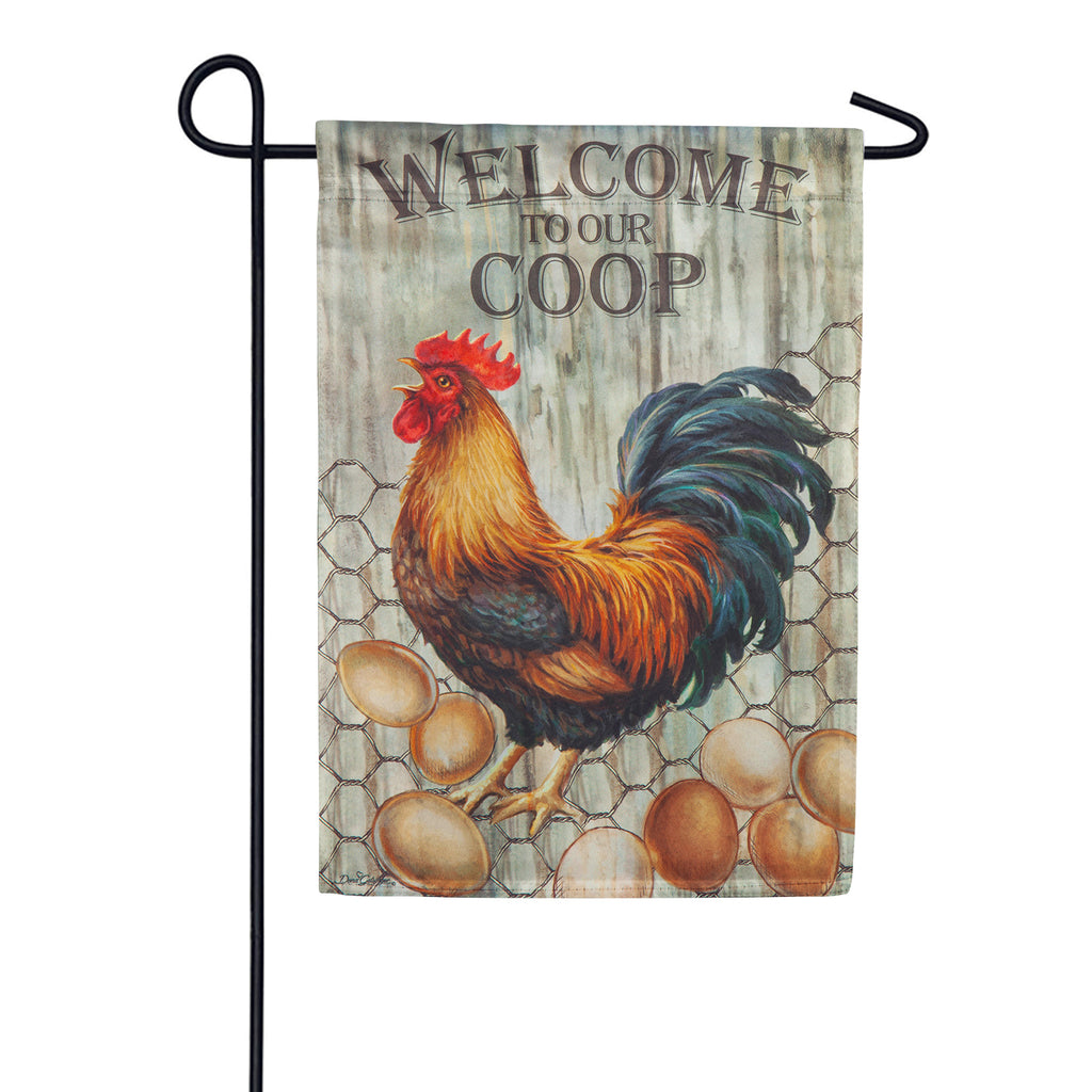 Welcome to Our Coop Suede Garden Flag