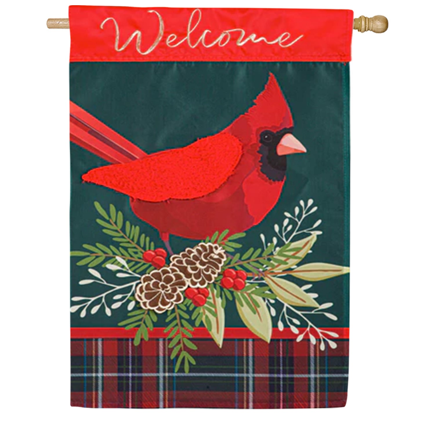 Evergreen Applique House Flag - Plaid Cardinal