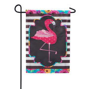 Evergreen Applique Garden Flag - Flamingo Stripes and Flowers
