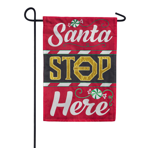 Evergreen Applique Garden Flag - Classic Santa Stop Here