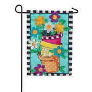 Evergreen Applique Garden Flag - Stacked Spring Flower Pots