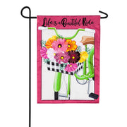 Evergreen Applique Garden Flag - Flower and Check Bike
