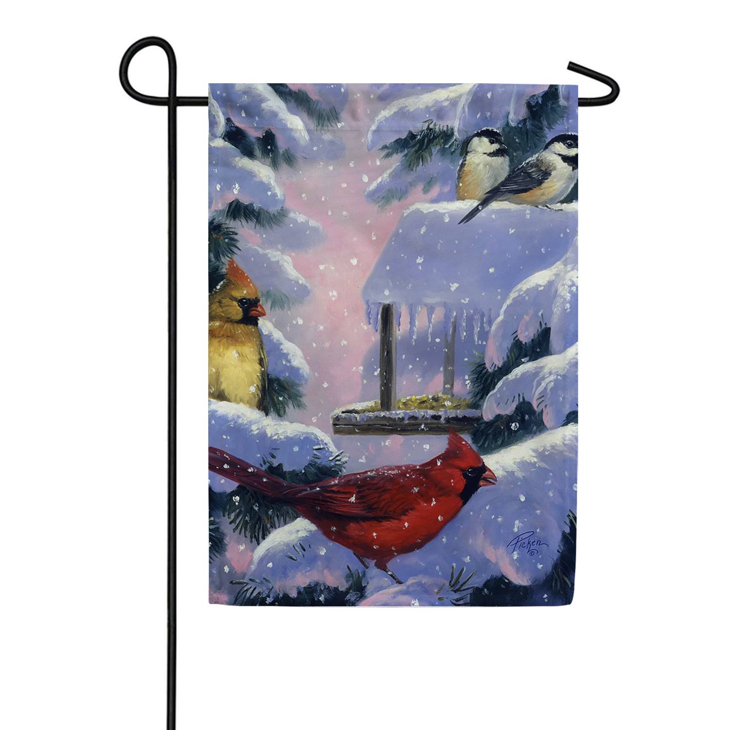 Toland Snowy Cardinals and Chickadees Garden Flag